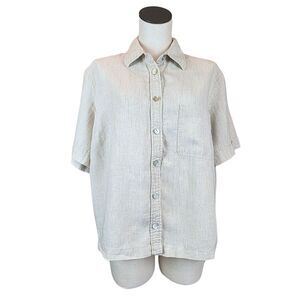 St John's Bay Top Womens 18W Linen Blouse Short Sleeve Beige Shirt Beachy Boho